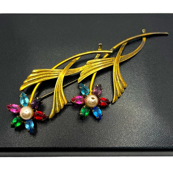 Flower SYMMETALIC rhinestone Vintage STERLING Silver 14KT Gold Brooch Pin - Picture 1 of 16
